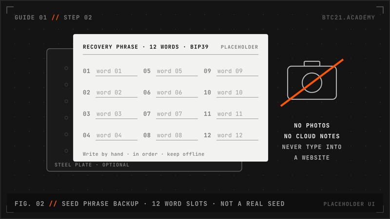A recovery card with twelve numbered slots reading word 01 to word 12. Not a real seed. Write by hand and keep it offline.