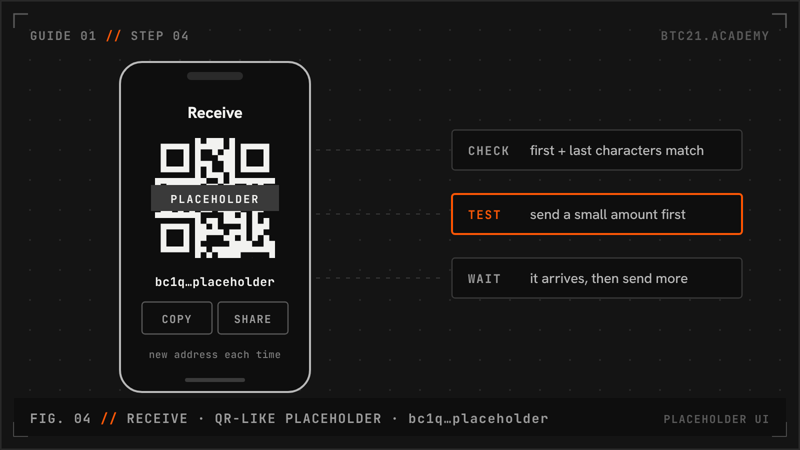 A receive screen with a placeholder QR and the text bc1q…placeholder. Not a real address.